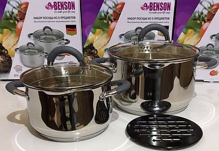 Набір каструль із кришками з жароміцного скла + підставка Benson BN-237 57853 фото